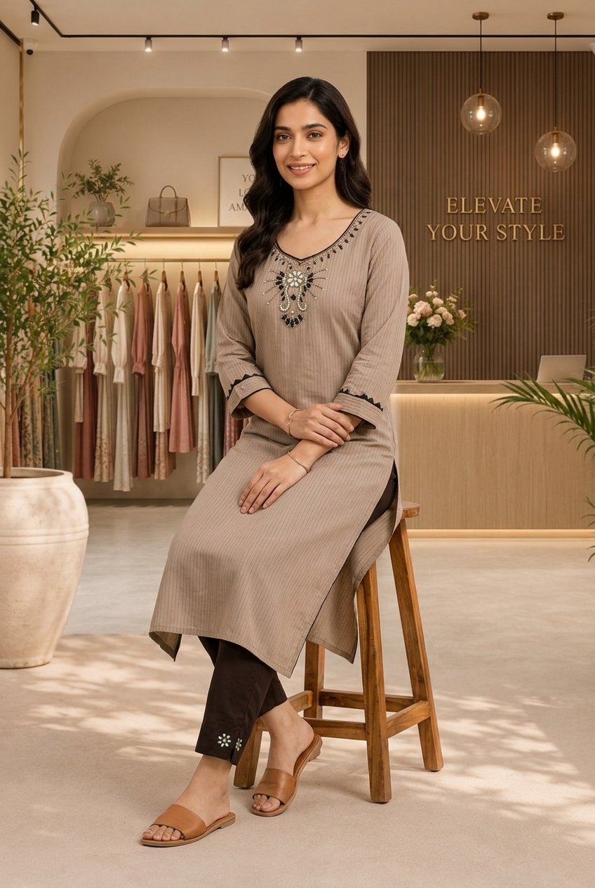 Taupe Embroidered V-Neck Kurti Set