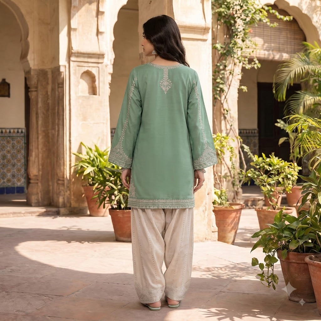 Sage Green Embroidered Cotton Short Kurti with Off-White Dhoti Salwar Set