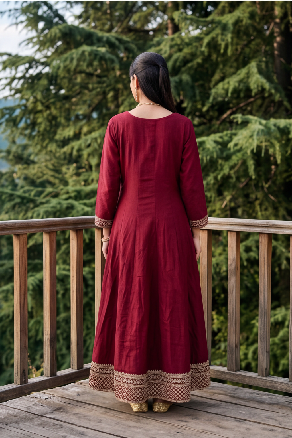 Maroon Embroidered Rayon-Cotton Anarkali Gown