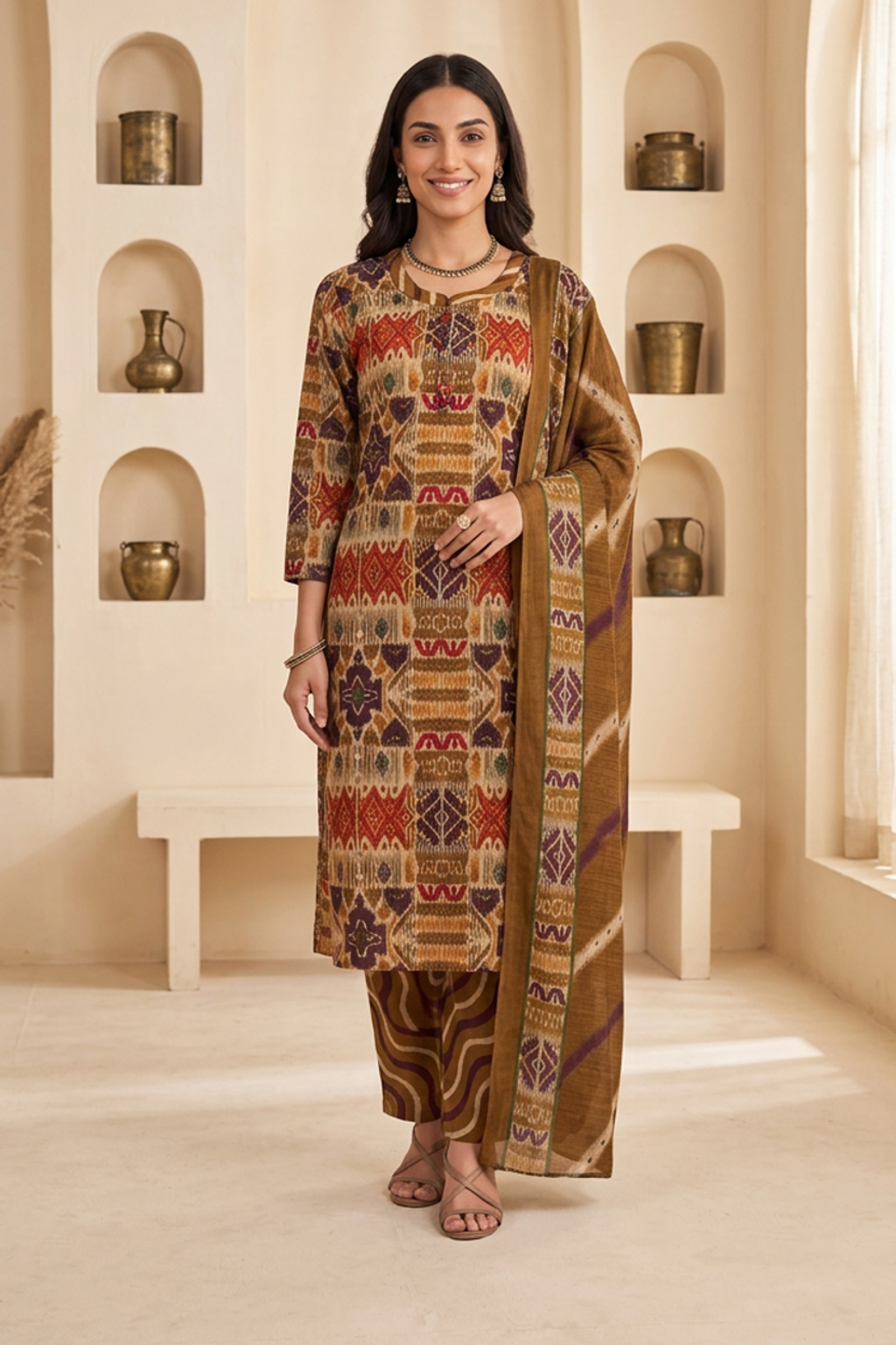 Mustard Ochre Ikat Geometric Print Cotton Kurti Set with Wave Printed Trousers & Dupatta