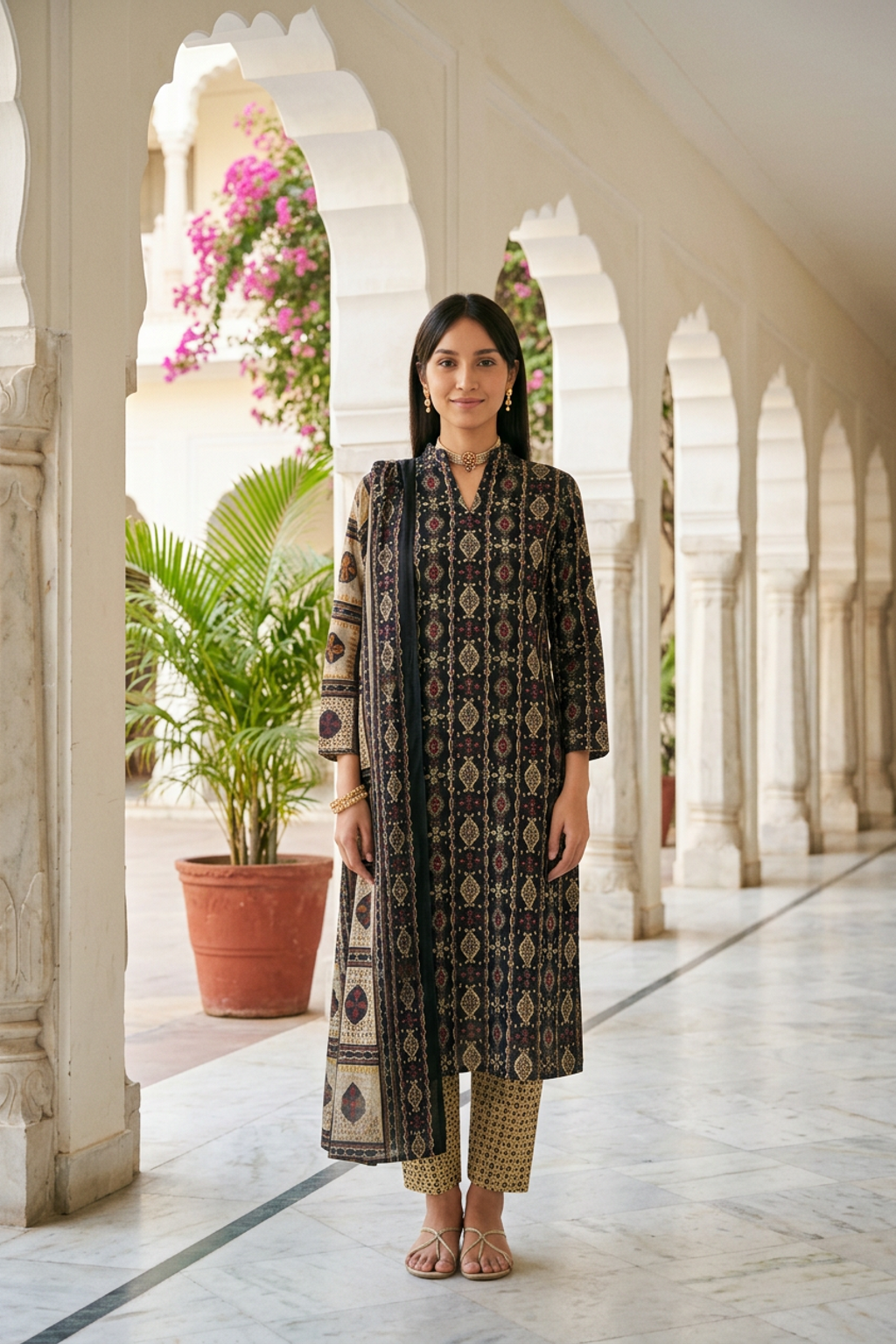 Charcoal Black Ajrakh Print Cotton Kurti Set with Beige Printed Pants & Dupatta
