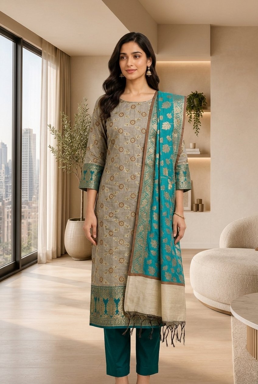 ✨ Banarasi Silk 3-Piece Unstitched Suit Set