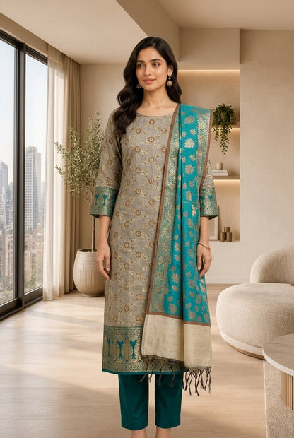 ✨ Banarasi Silk 3-Piece Unstitched Suit Set