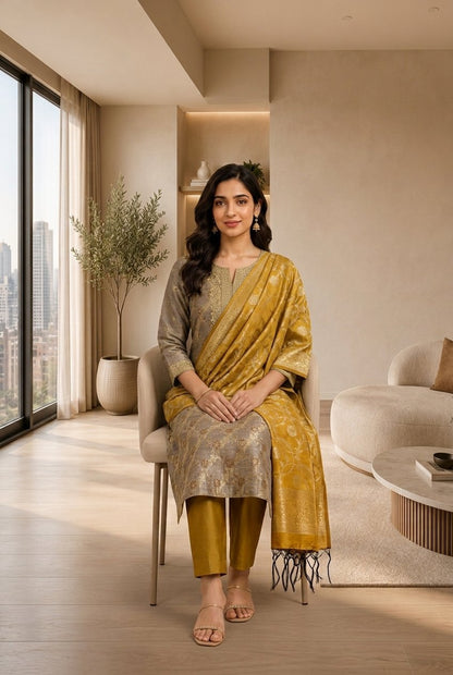✨ Banarasi Silk 3-Piece Unstitched Suit Set