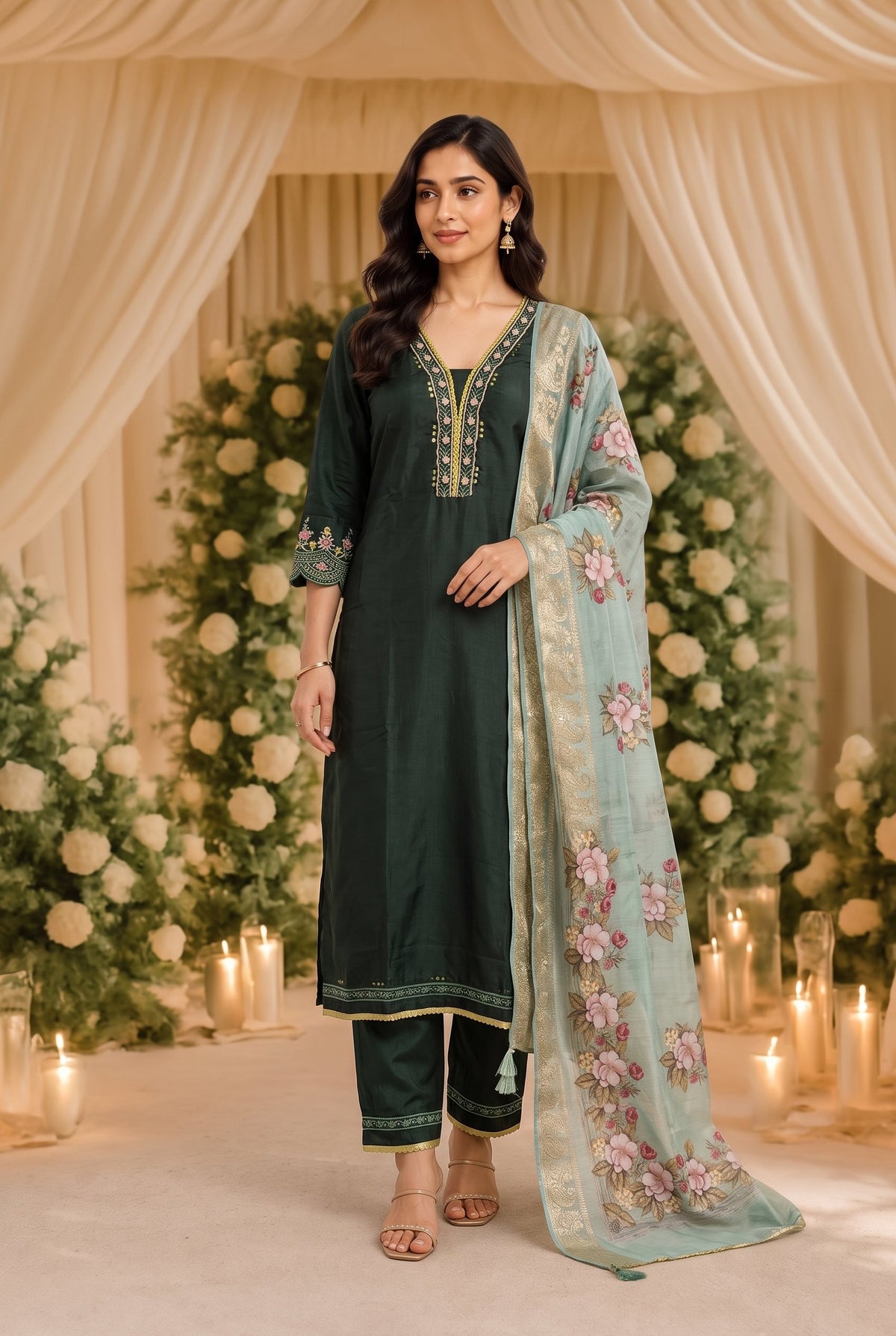 Forest Green Silk Kurti Set with Printed Organza Dupatta