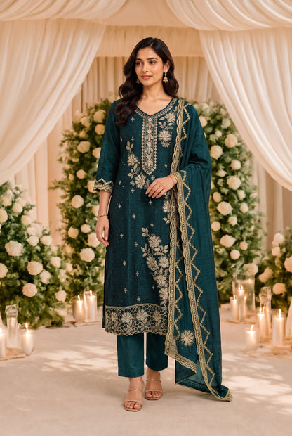 Teal Green Silk Blend Embroidered Kurti Set with Scalloped Dupatta