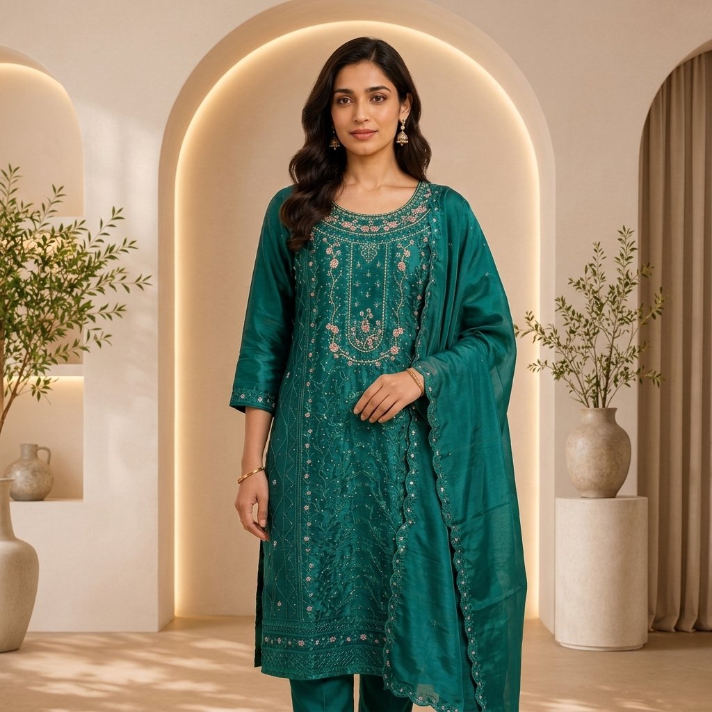 Teal Embroidered Silk 3-Piece Suit Set