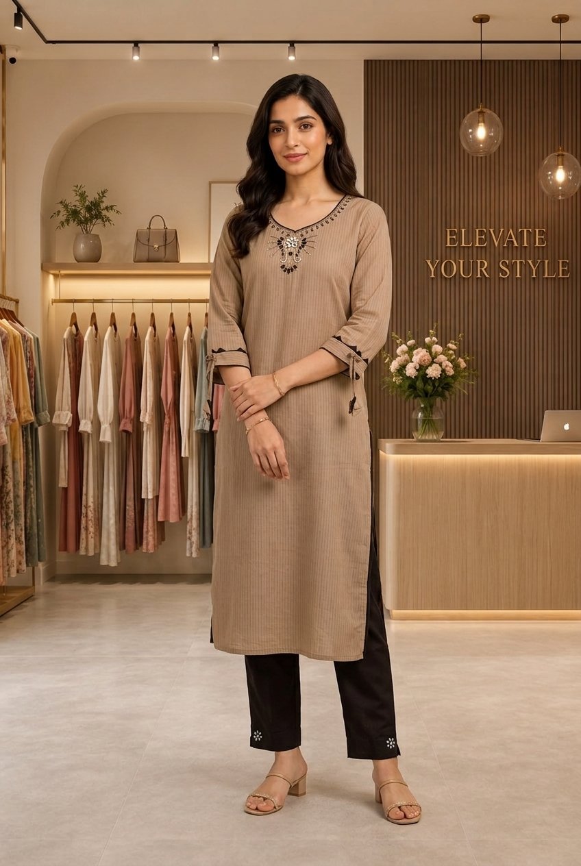 Taupe Embroidered V-Neck Kurti Set