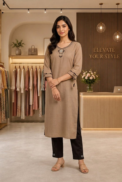 Taupe Embroidered V-Neck Kurti Set