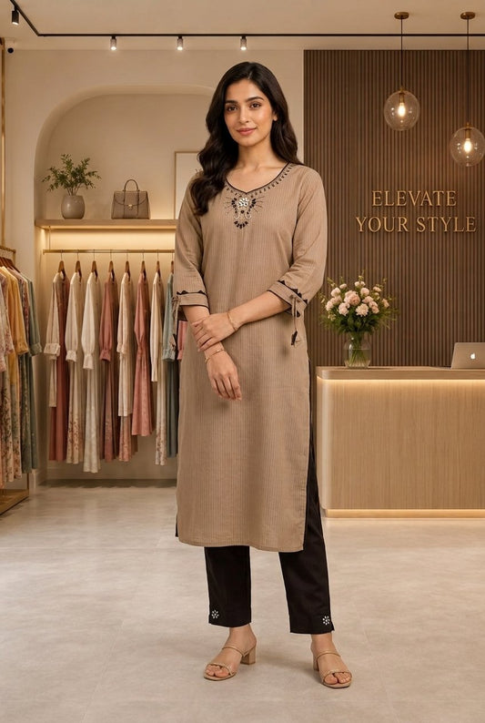 Taupe Embroidered V-Neck Kurti Set