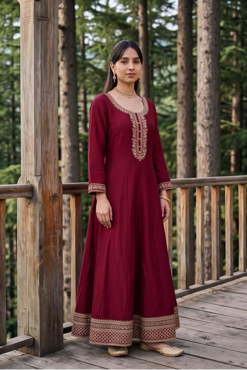 Maroon Embroidered Rayon-Cotton Anarkali Gown