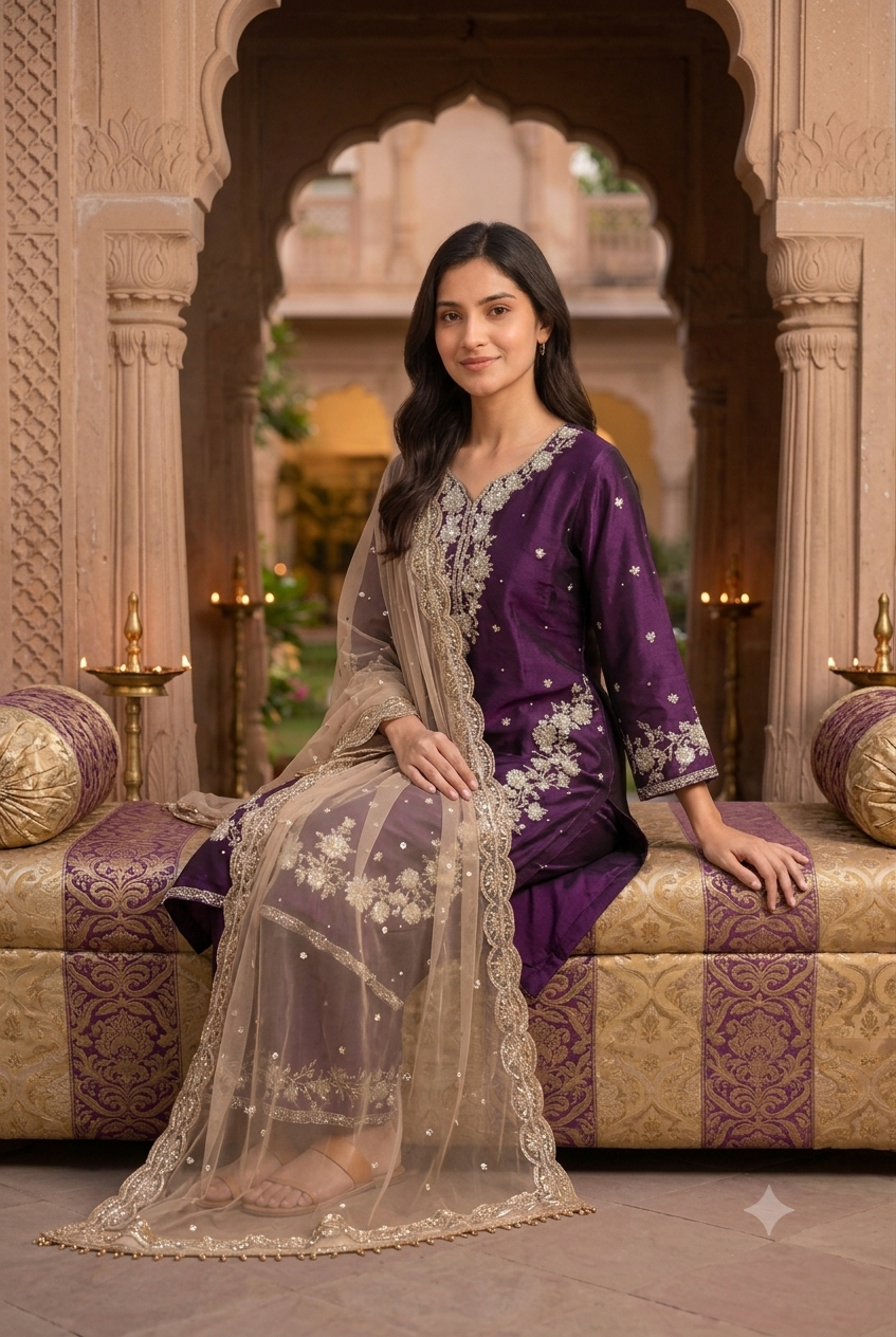 Deep Purple Silk Embroidered Kurti Sharara Set with Nude Beige Net Dupatta