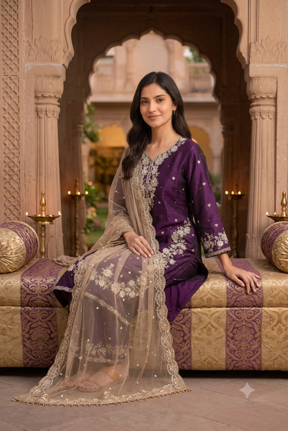 Deep Purple Silk Embroidered Kurti Sharara Set with Nude Beige Net Dupatta
