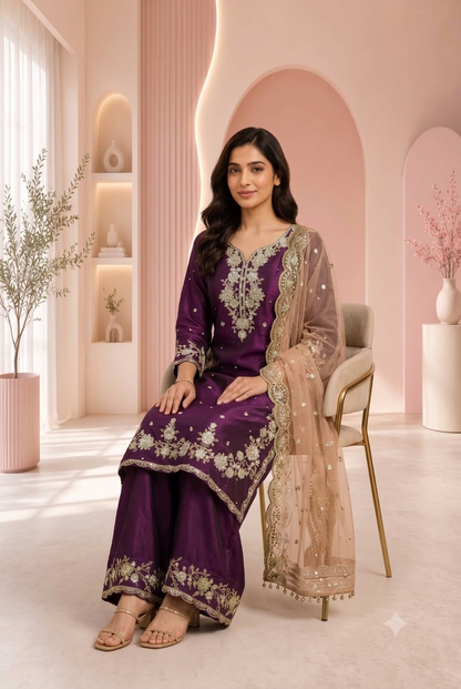 Deep Purple Silk Embroidered Kurti Sharara Set with Nude Beige Net Dupatta