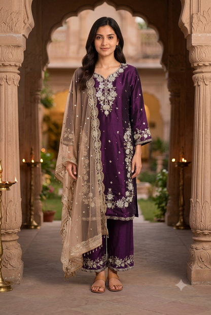 Deep Purple Silk Embroidered Kurti Sharara Set with Nude Beige Net Dupatta
