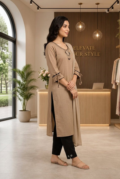 Taupe Embroidered V-Neck Kurti Set