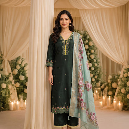 Forest Green Silk Kurti Set with Printed Organza Dupatta