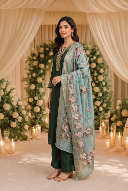 Forest Green Silk Kurti Set with Printed Organza Dupatta
