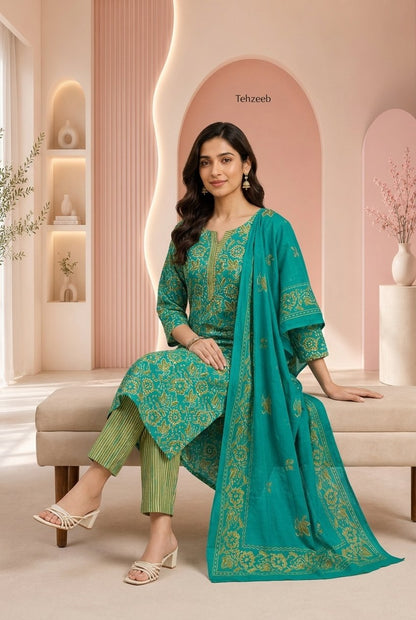 Teal Green Floral Printed Cotton Kurti Set with Striped Trousers & Dupatta