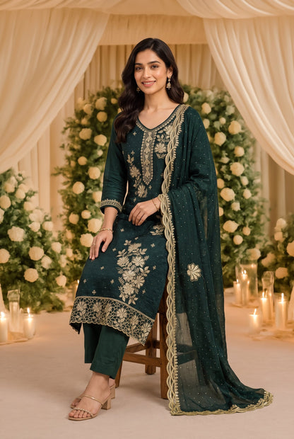 Teal Green Silk Blend Embroidered Kurti Set with Scalloped Dupatta