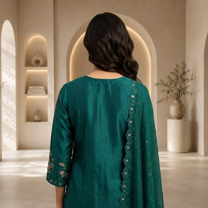 Teal Embroidered Silk 3-Piece Suit Set