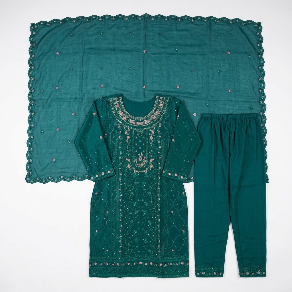 Teal Embroidered Silk 3-Piece Suit Set