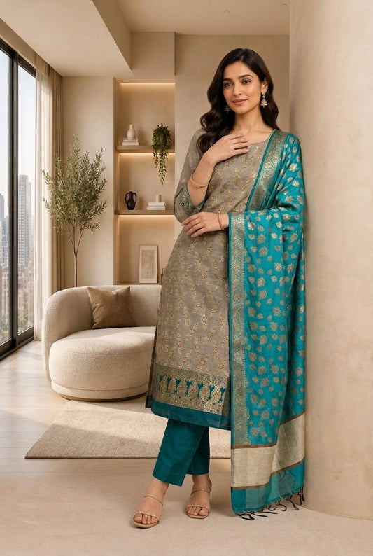 ✨ Banarasi Silk 3-Piece Unstitched Suit Set