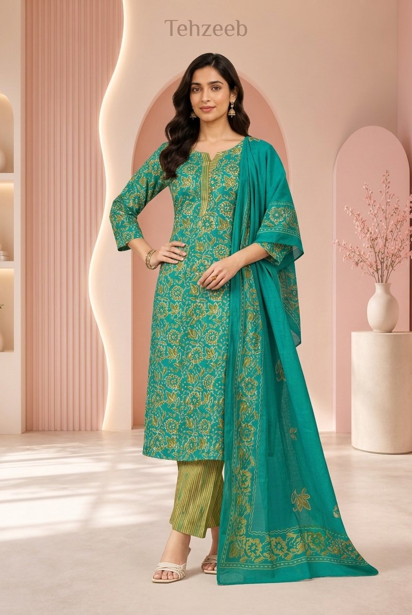 Teal Green Floral Printed Cotton Kurti Set with Striped Trousers & Dupatta