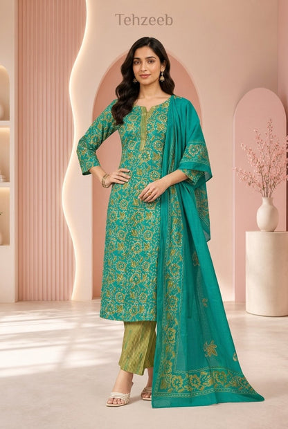Teal Green Floral Printed Cotton Kurti Set with Striped Trousers & Dupatta