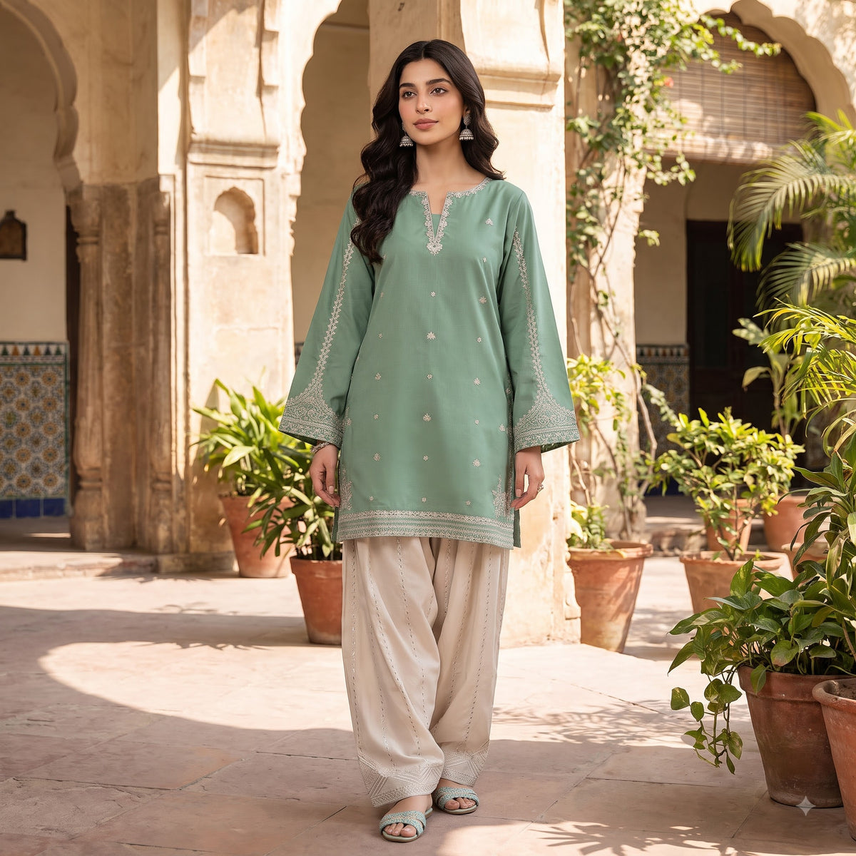 Sage Green Embroidered Cotton Short Kurti with Off-White Dhoti Salwar Set