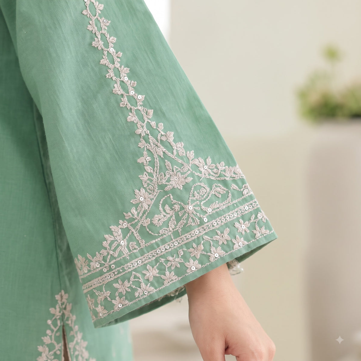 Sage Green Embroidered Cotton Short Kurti with Off-White Dhoti Salwar Set