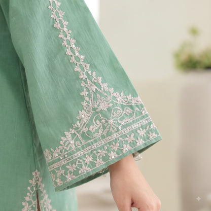 Sage Green Embroidered Cotton Short Kurti with Off-White Dhoti Salwar Set