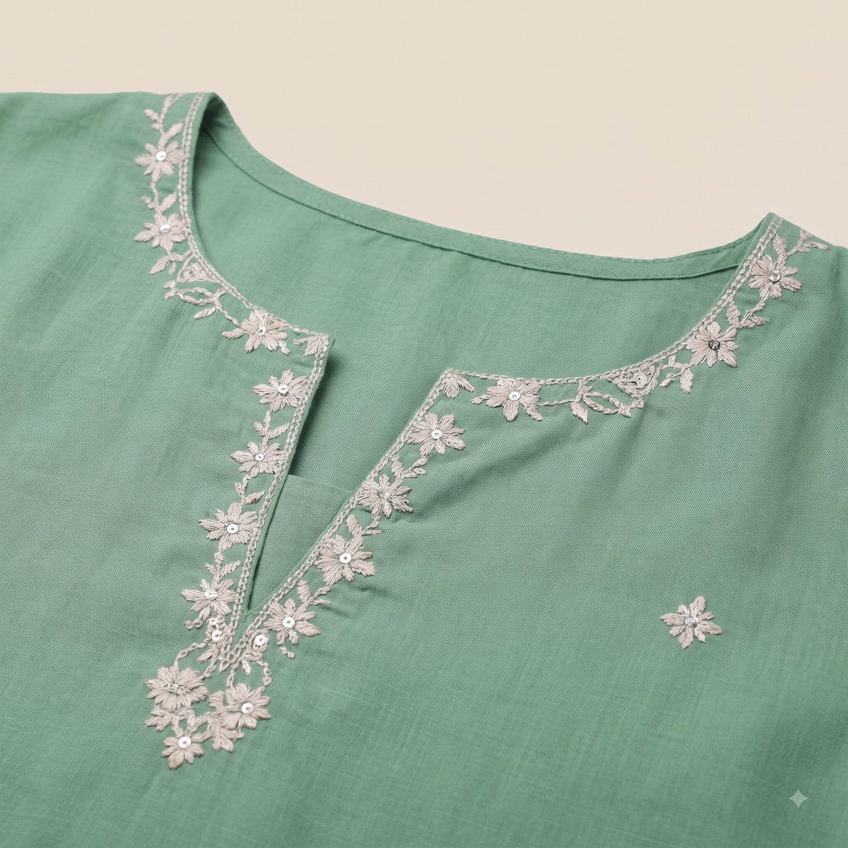 Sage Green Embroidered Cotton Short Kurti with Off-White Dhoti Salwar Set
