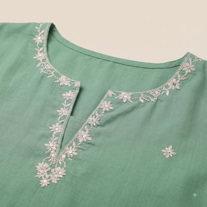 Sage Green Embroidered Cotton Short Kurti with Off-White Dhoti Salwar Set