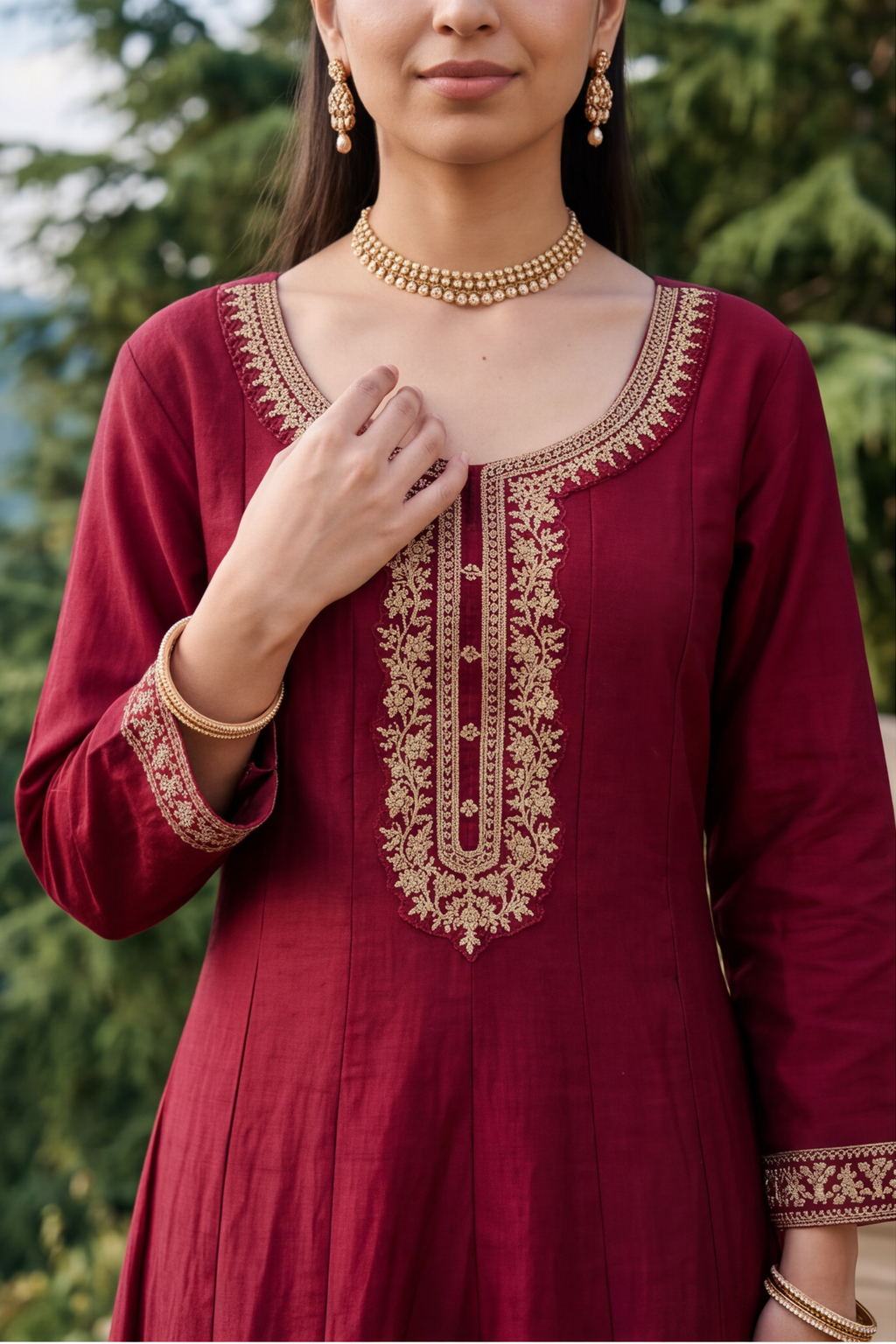 Maroon Embroidered Rayon-Cotton Anarkali Gown