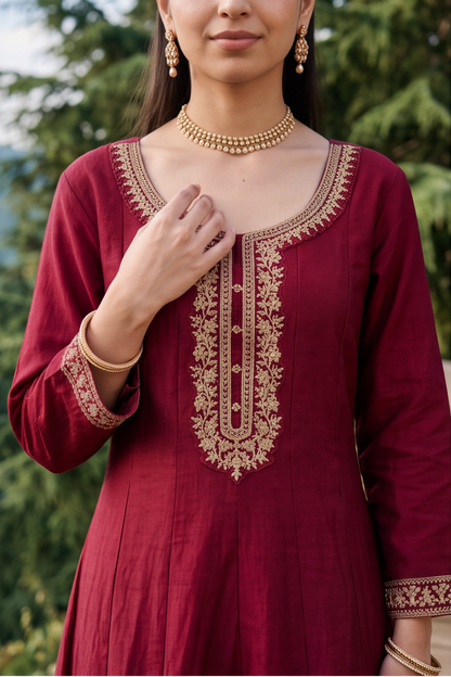 Maroon Embroidered Rayon-Cotton Anarkali Gown