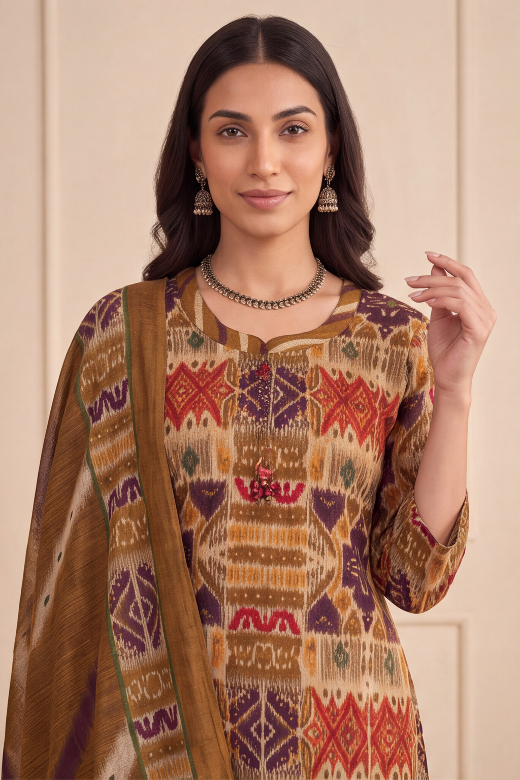Mustard Ochre Ikat Geometric Print Cotton Kurti Set with Wave Printed Trousers &amp; Dupatta