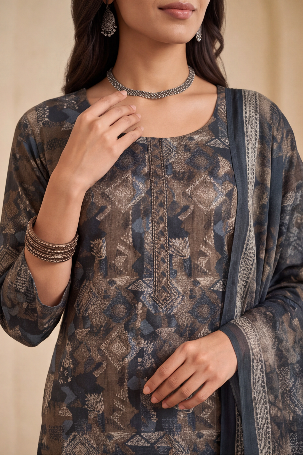 Slate Blue & Charcoal Abstract Geometric Print Cotton Kurti Set with Dupatta