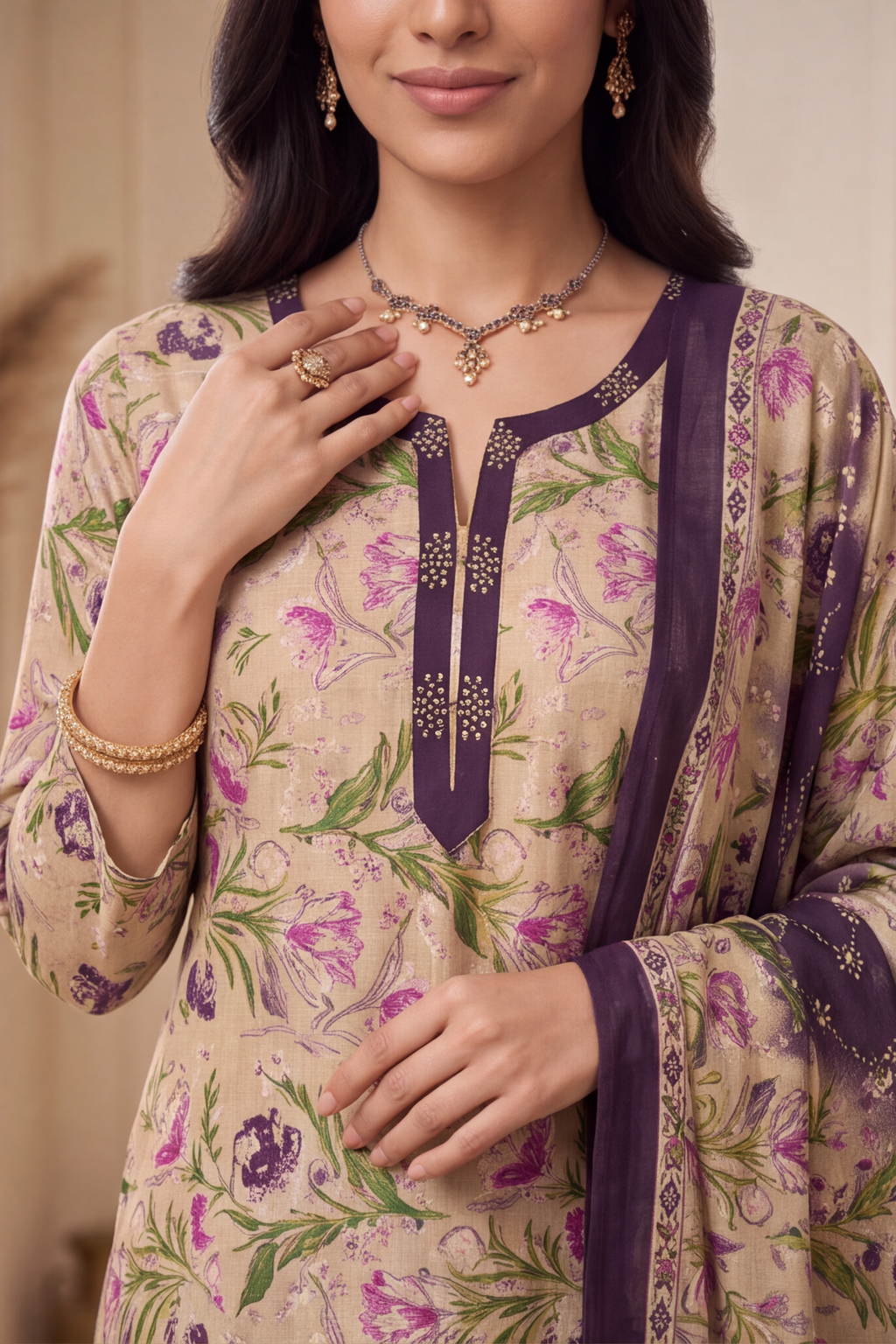Beige and Purple Floral Printed Cotton Kurti Set with Printed Trousers Dupatta