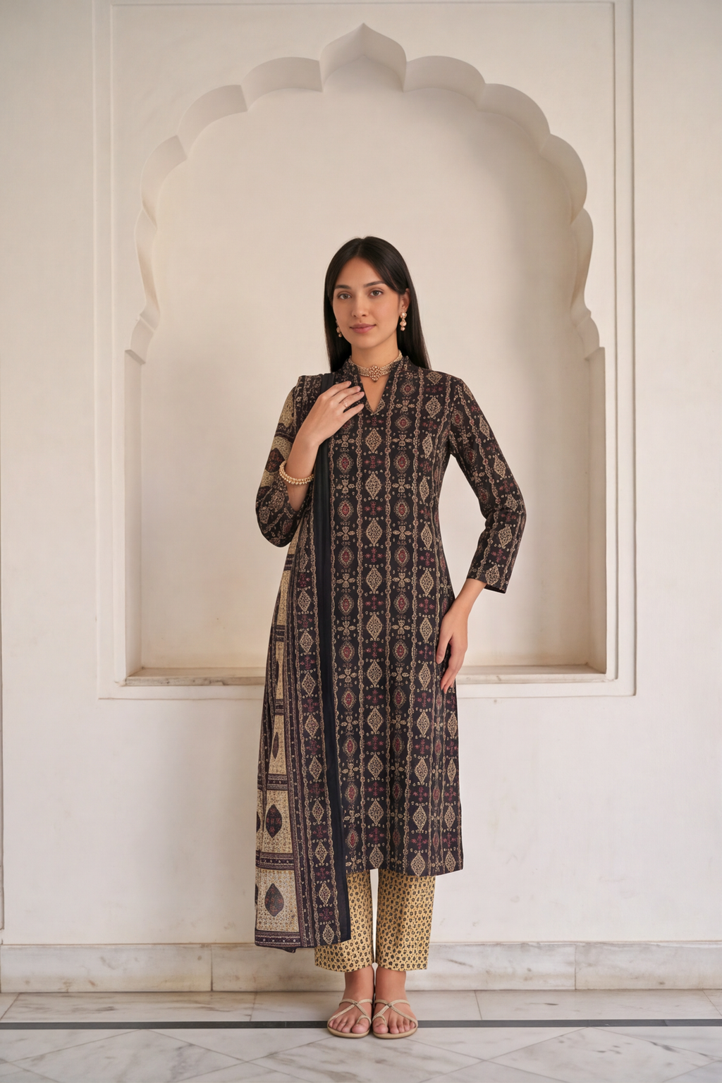 Charcoal Black Ajrakh Print Cotton Kurti Set with Beige Printed Pants &amp; Dupatta