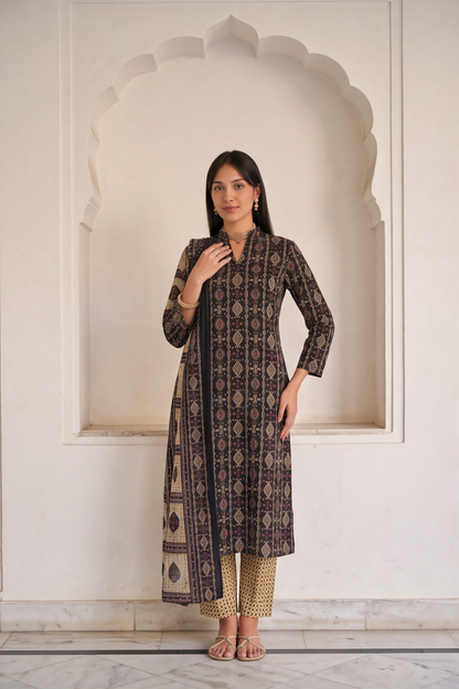 Charcoal Black Ajrakh Print Cotton Kurti Set with Beige Printed Pants &amp; Dupatta