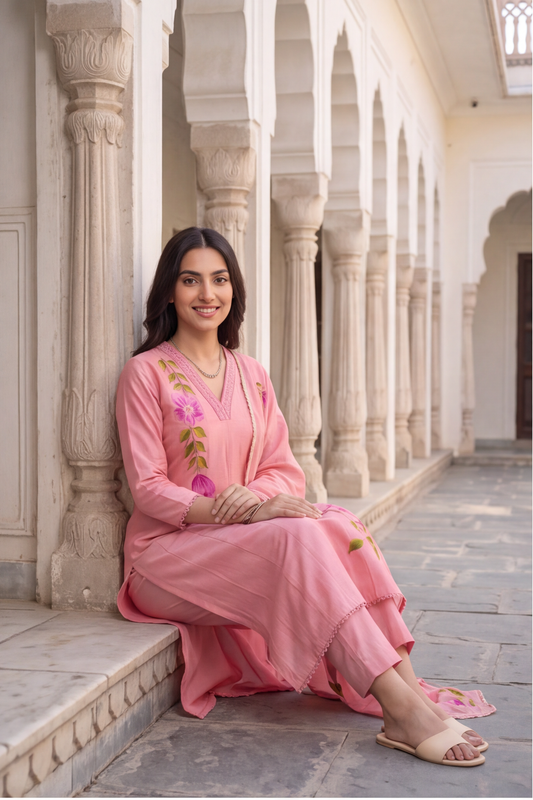 Blush Pink Hand-Painted Floral Silk Blend Kurti Set with Dupatta