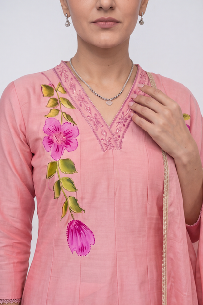 Blush Pink Hand-Painted Floral Cotton Anarkali Kurti Set with Dupatta