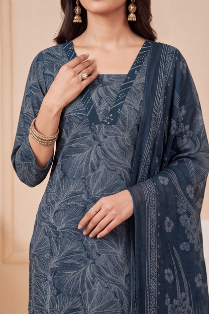 Indigo Blue Botanical Print Cotton Kurti Set with Bandhani Trousers &amp; Dupatta