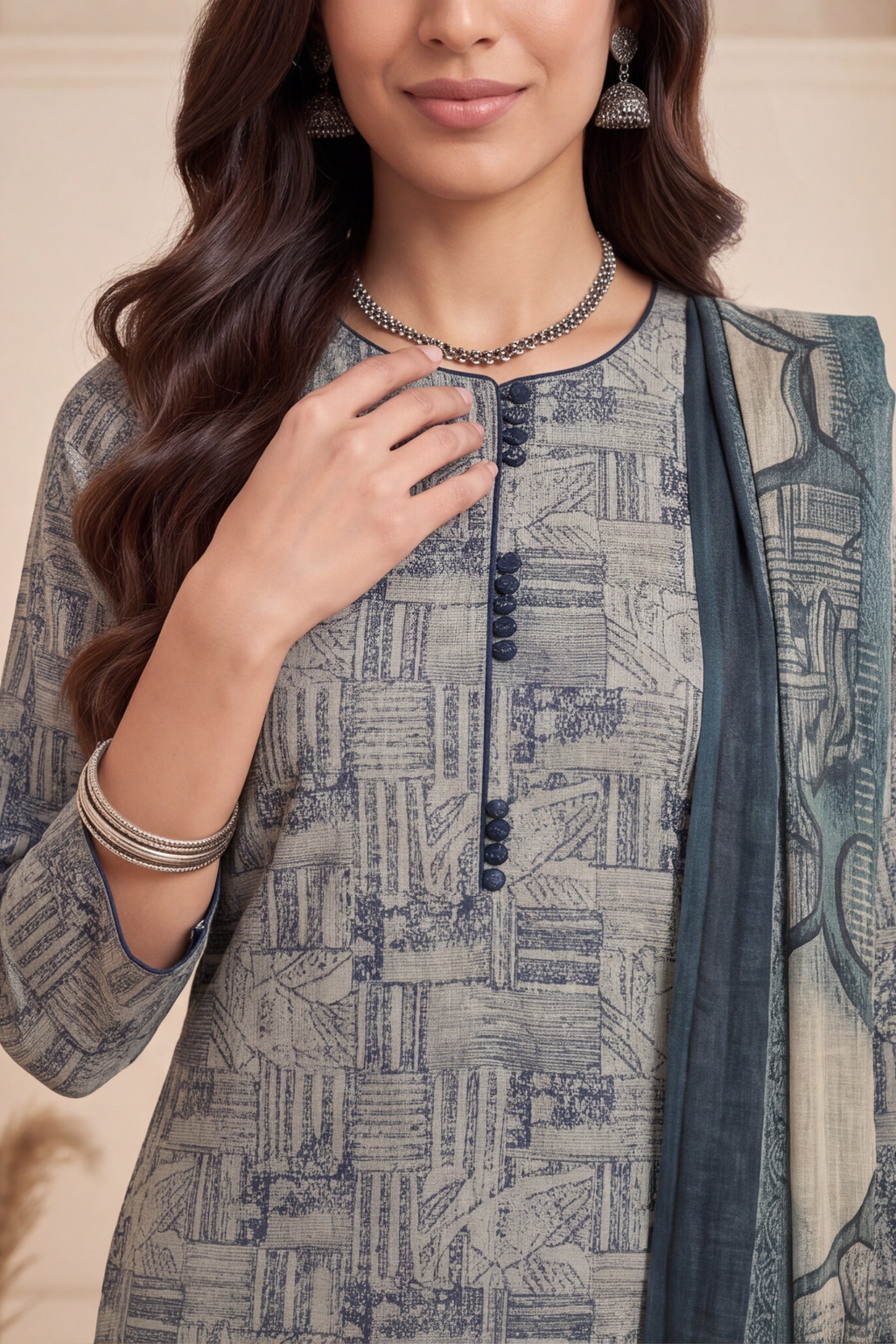 Sea Green Geometric Printed Cotton Kurti Set with Navy Blue Bandhani Pants &amp; Dupatta
