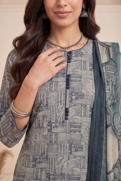 Sea Green Geometric Printed Cotton Kurti Set with Navy Blue Bandhani Pants &amp; Dupatta