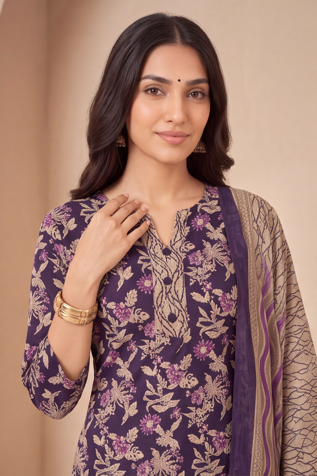 Deep Violet Floral Printed Cotton Kurti Set with Beige Textured Pants &amp; Floral Dupatta