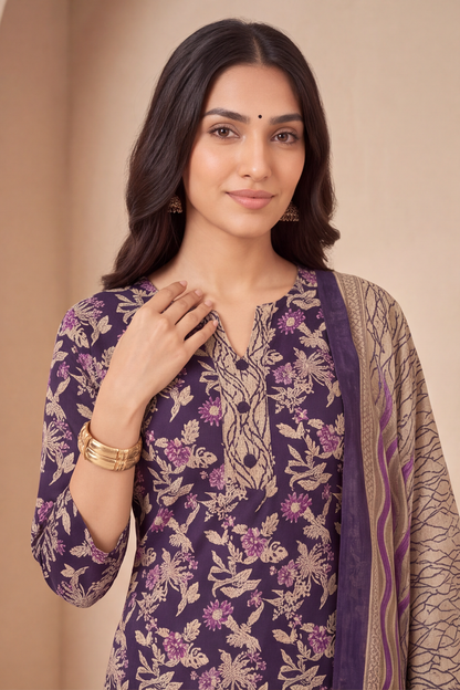 Deep Violet Floral Printed Cotton Kurti Set with Beige Textured Pants &amp; Floral Dupatta