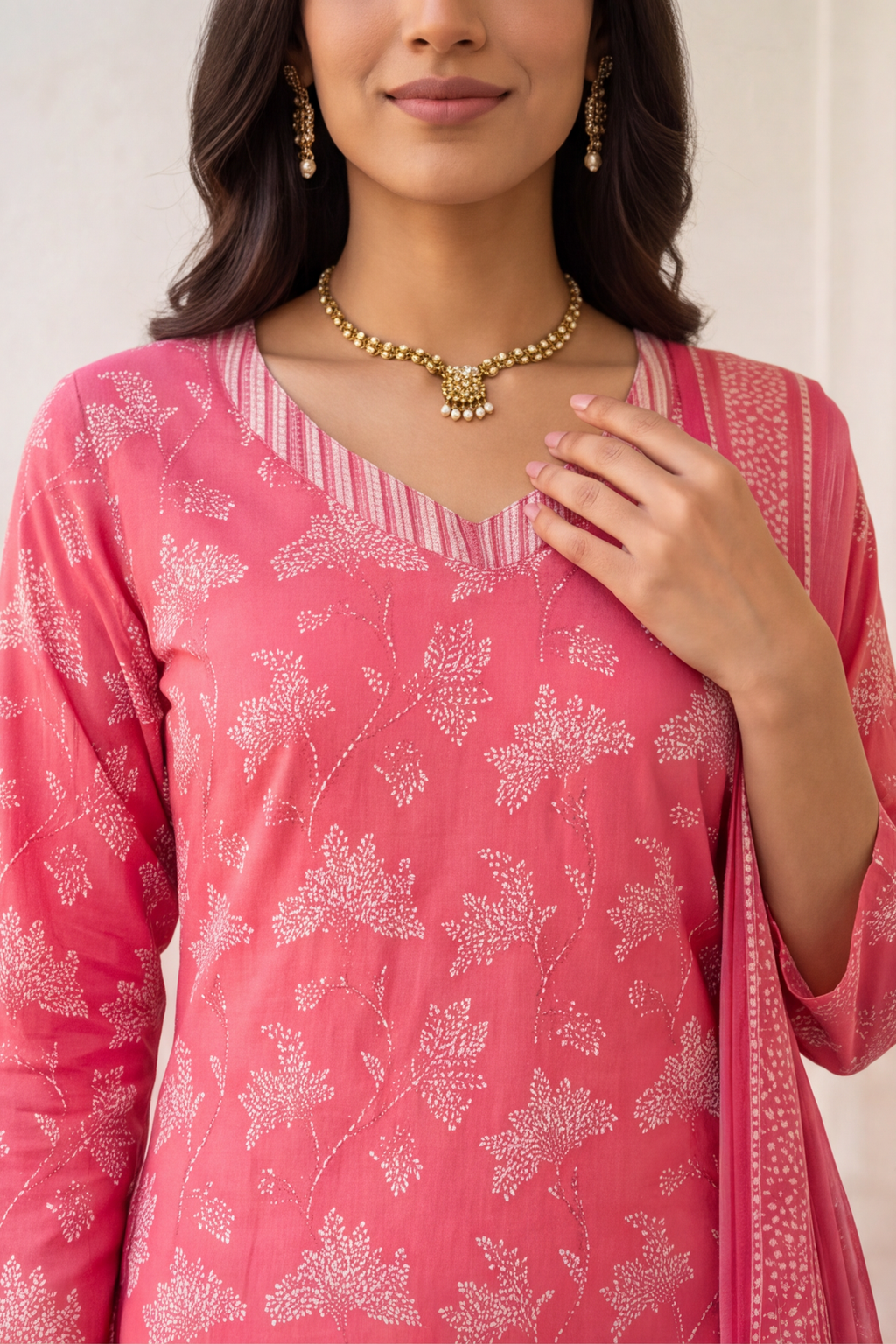 Rani Pink Floral Printed Cotton Kurti Set with Matching Dupatta