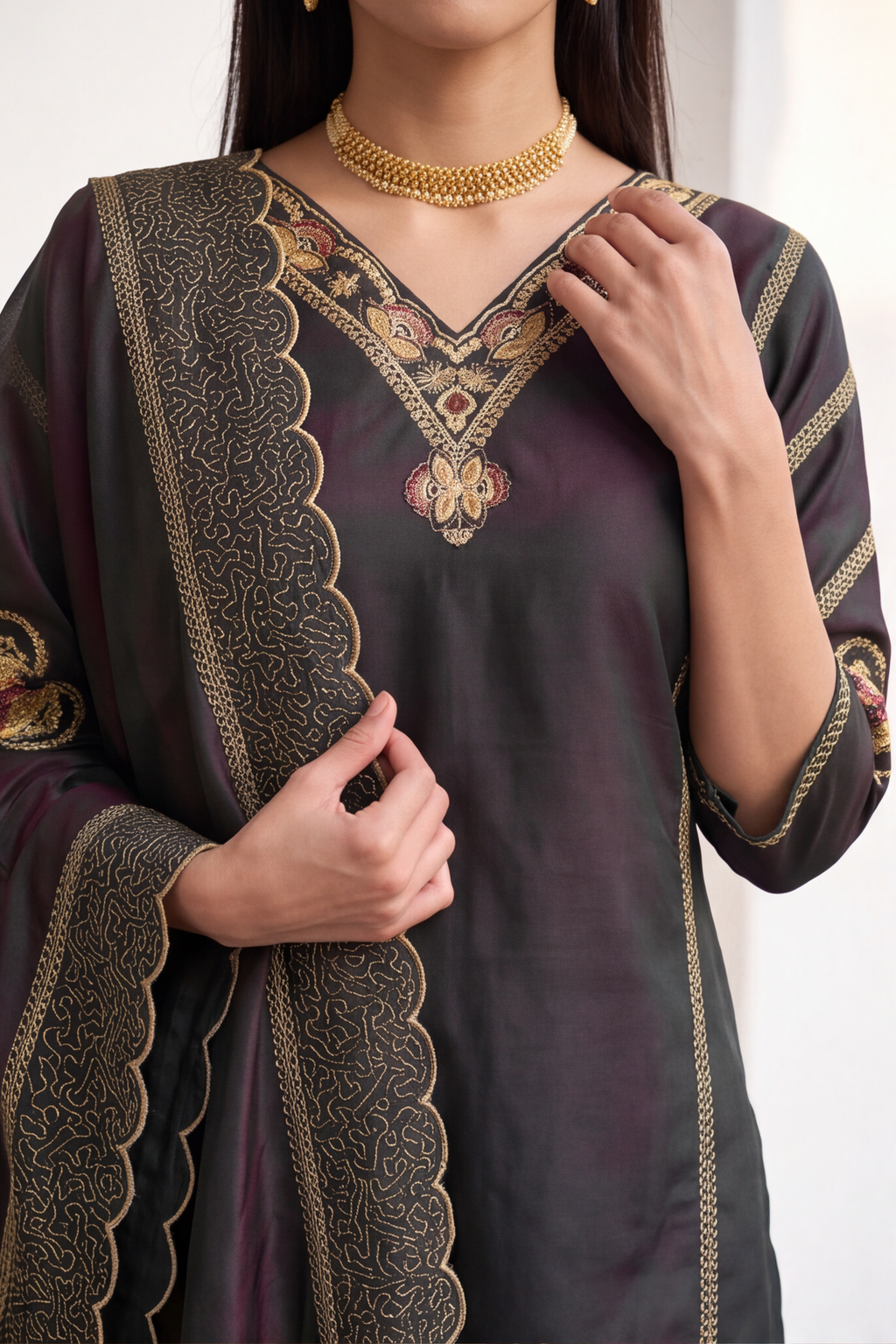 Two-Tone Deep Emerald & Charcoal Oxford Silk Kurti Palazzo Set with Scalloped Dupatta